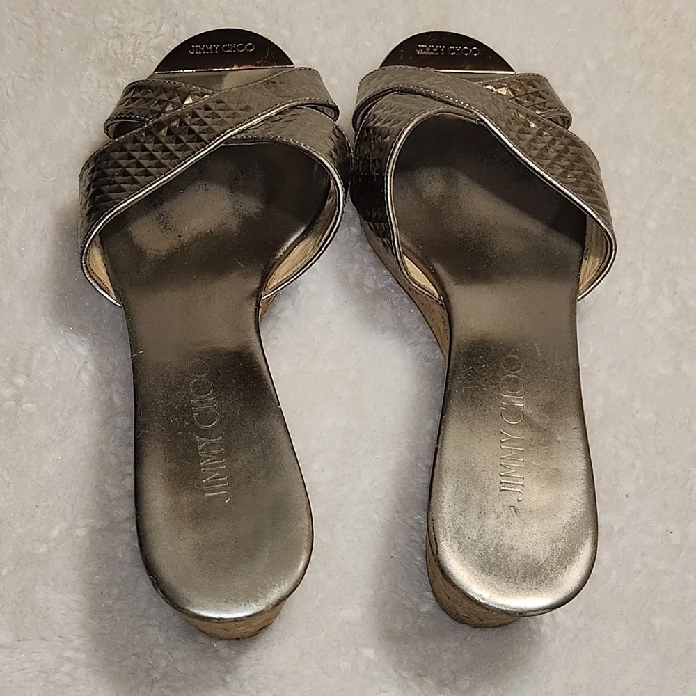 Jimmy Choo Silver Metallic Embossed Leather Panna Cork Slides Size 37.5